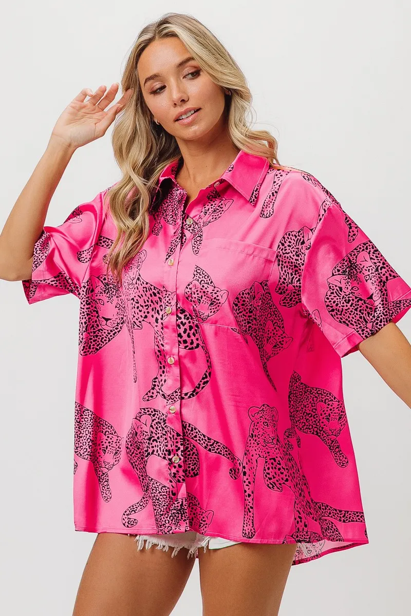 Leopard Print Short Sleeve Silky Satin Shirt Top, image 4