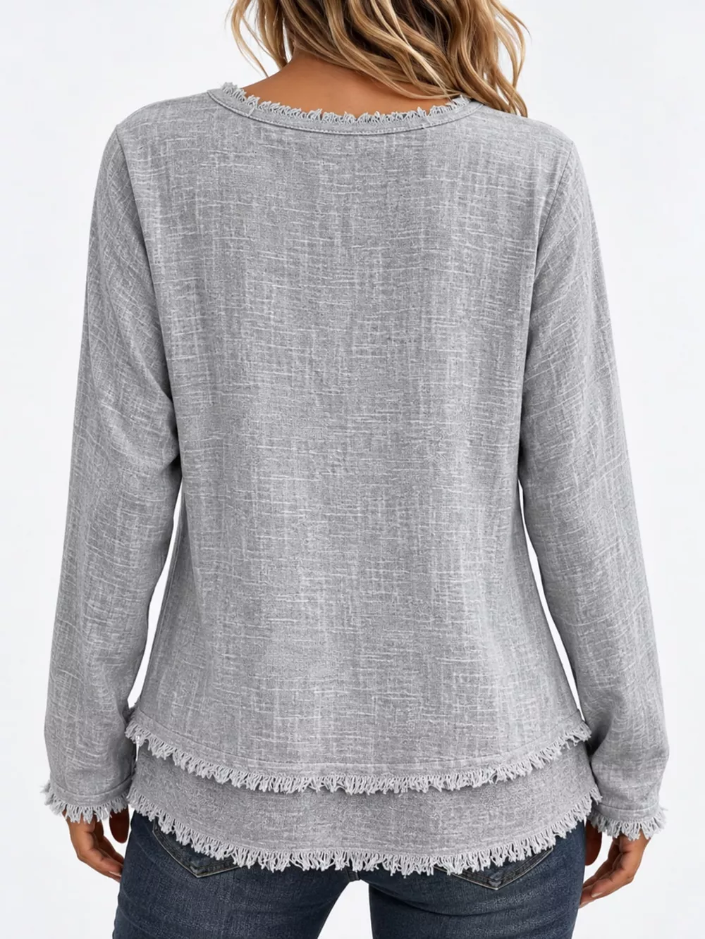 Full Size Frayed Hem V-Neck Long Sleeve Blouse Plus Size, image 3