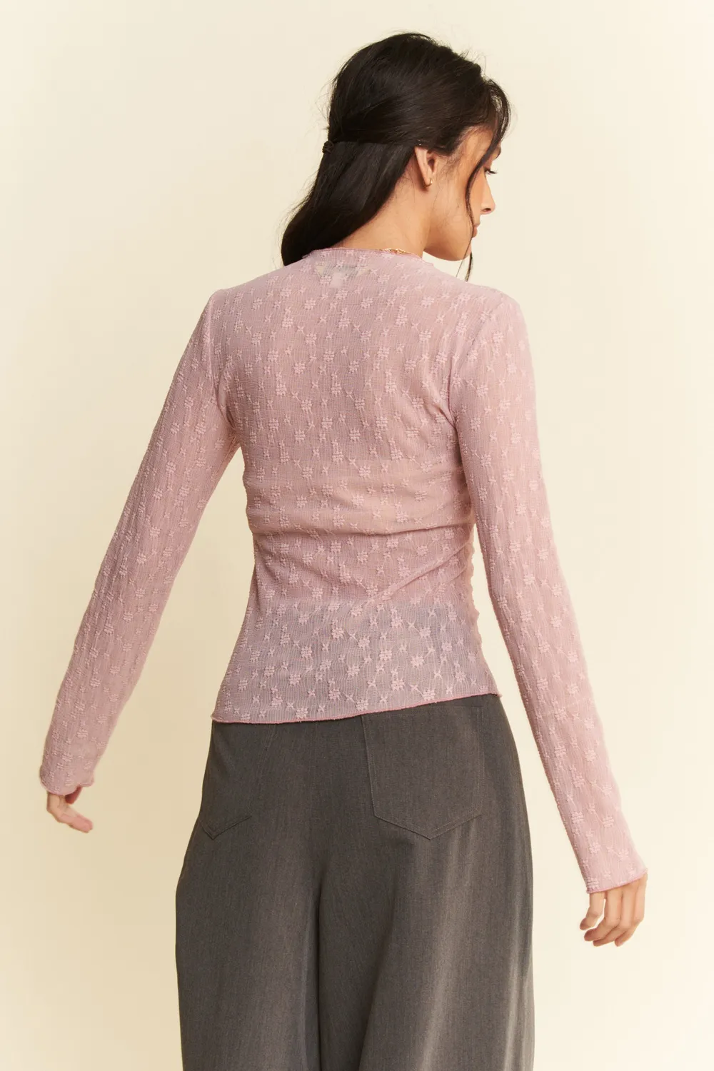 Long Sleeve Sheer Small Embroidered Bows Lace Top, image 3