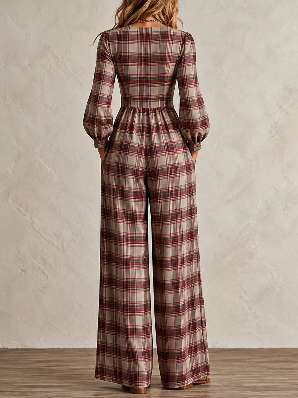 Plaid Square Neck Long Sleeve Wide-Leg Jumpsuit, image 3