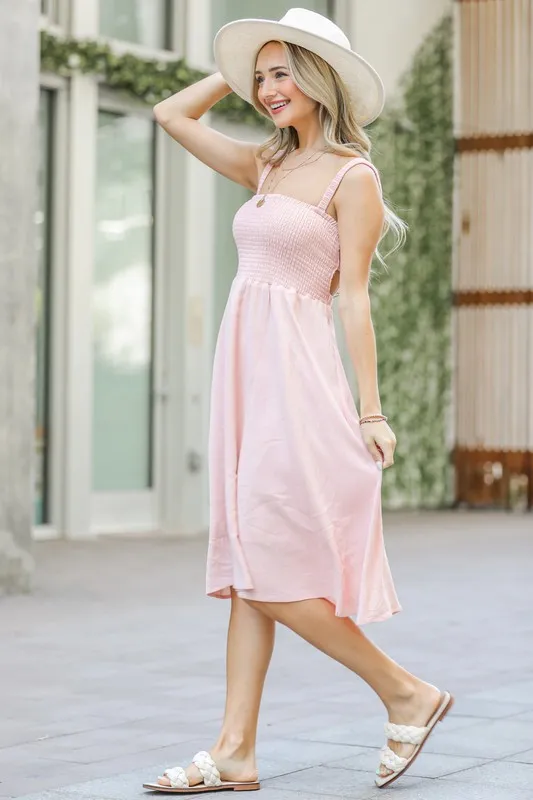 Smocking Open-Back Sleeveless Midi Dress, image 2