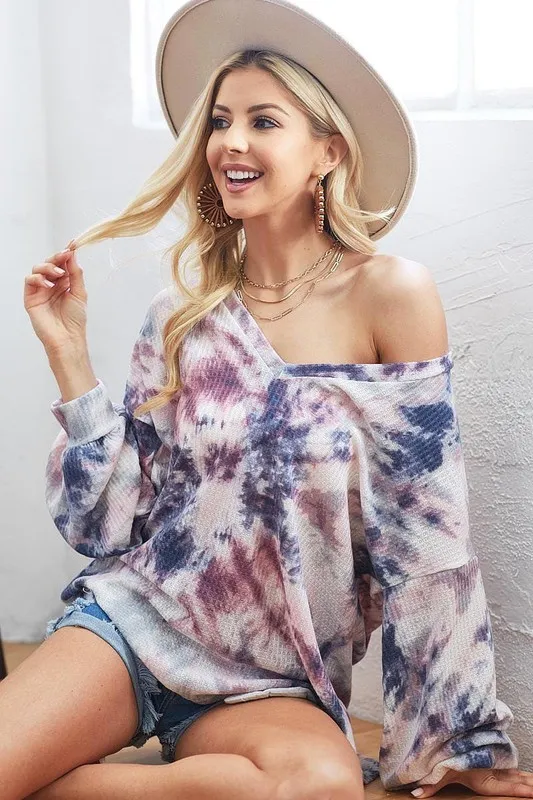 Tie-Dye V-Neck Long Sleeve Waffle Top, image 5