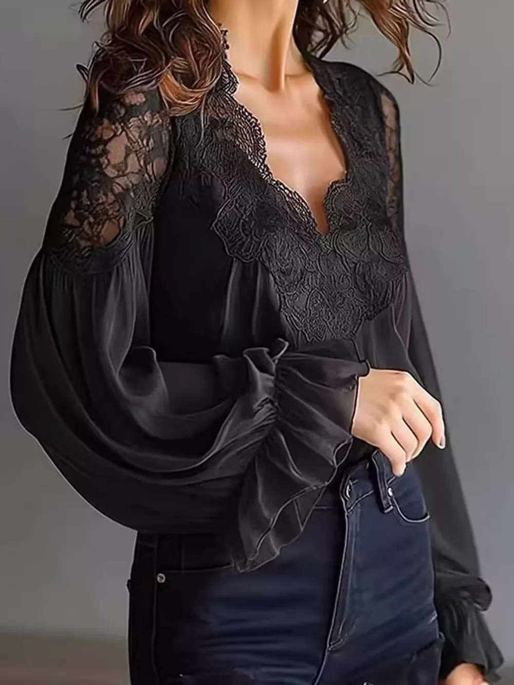 Full Size Lace V-Neck Flounce Sleeve Blouse Plus Size, image 2