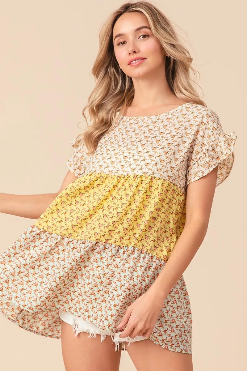 Flroal Printed Woven Color Block and Tiered Top, image 4