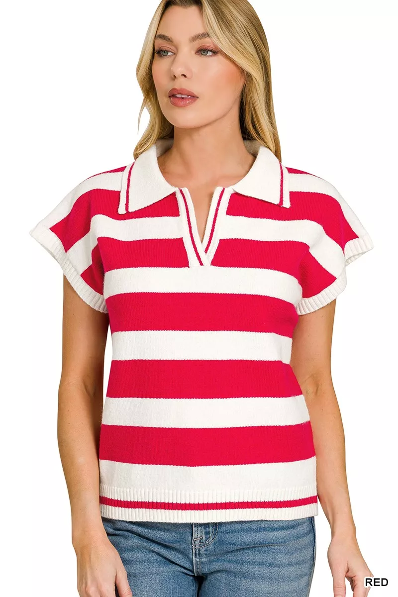 Striped Collared Short Sleeve Sweater