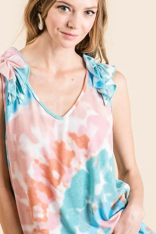 Circular Tie Dye Knit V Neck Top With Ruffle, image 5