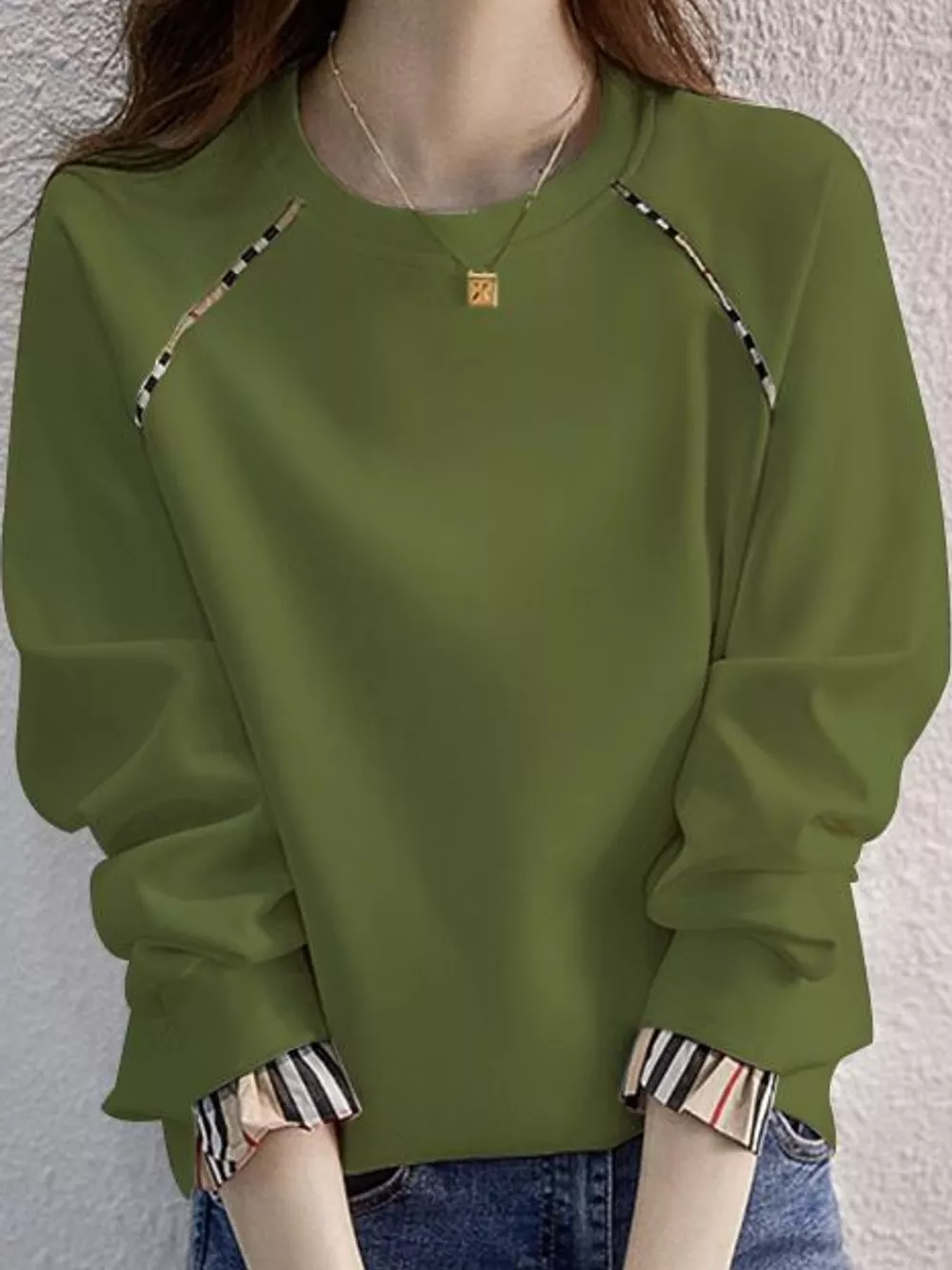 Plaid-Trimmed Crew Neck Sweatshirt, image 9