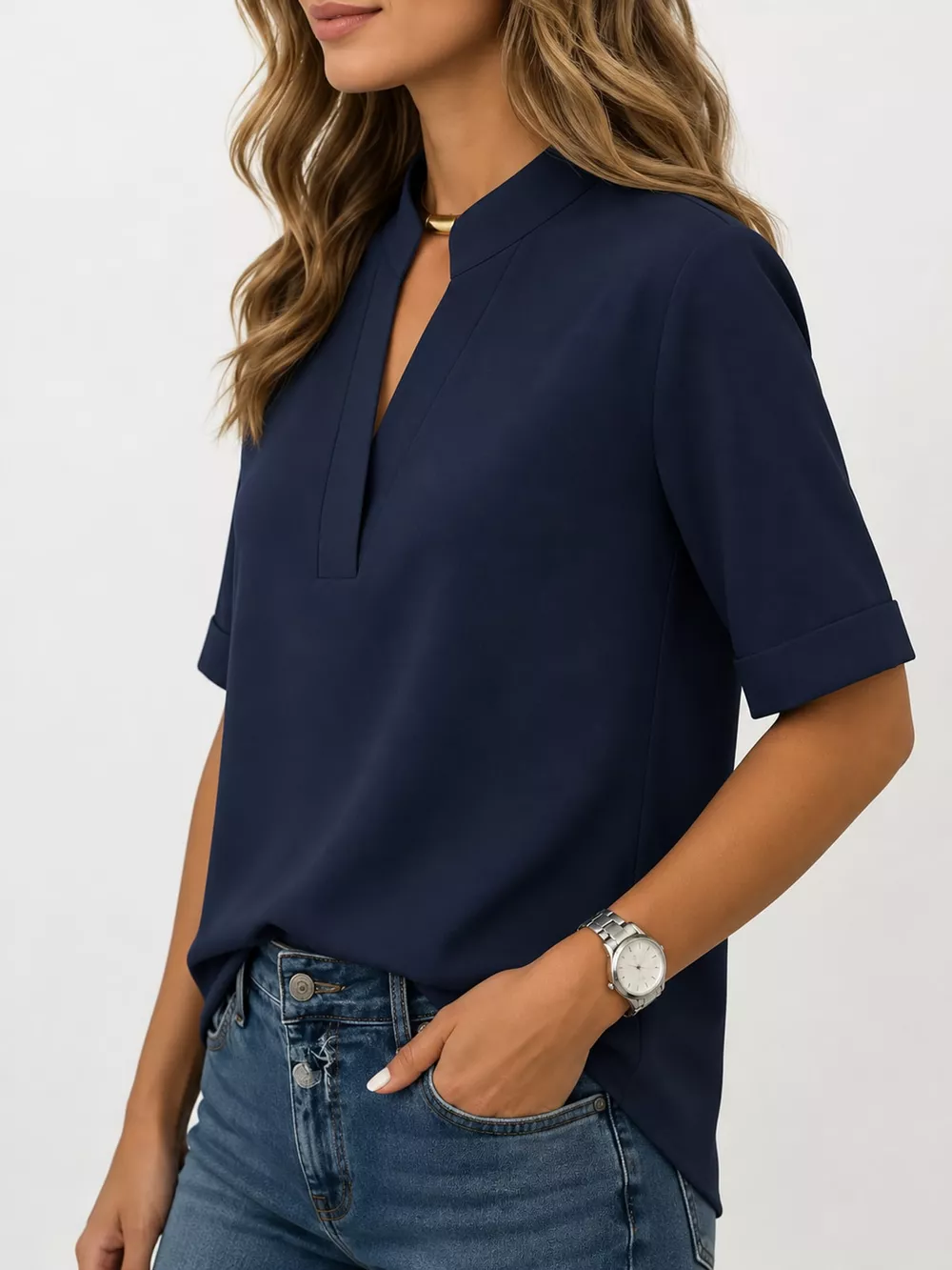 Full Size Notched Short Sleeve Blouse Plus Size, image 28