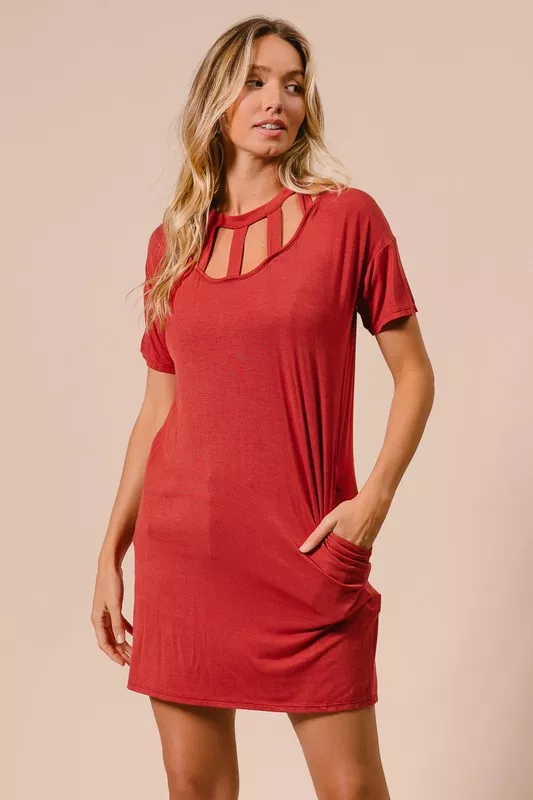 Front Cutout Mini Tee Dress with Pockets, image 2