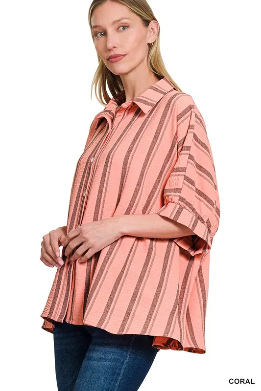 Woven Yarn-Dye Stripe Oversized Button Down Shirt, image 3