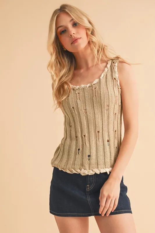 Distressed Detail Round Neck Knit Tank, image 3