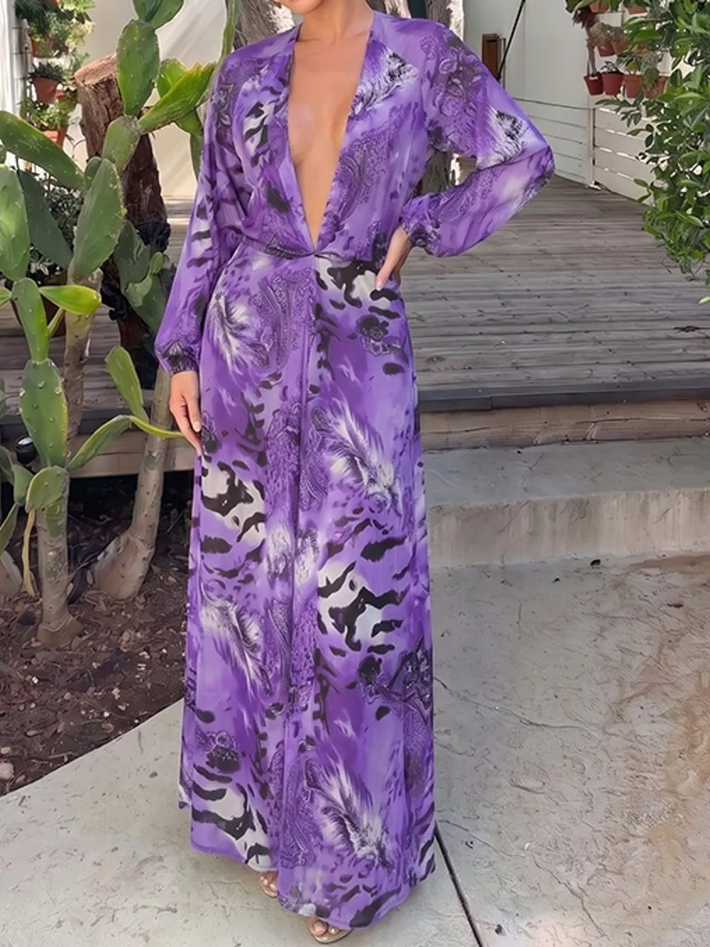 Deep V-Neck Long Sleeve Printed Maxi Dress, image 35