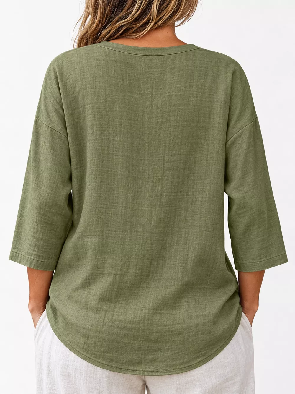 Full Size Button Detail Notched 3/4 Sleeve Blouse Plus Size, image 3