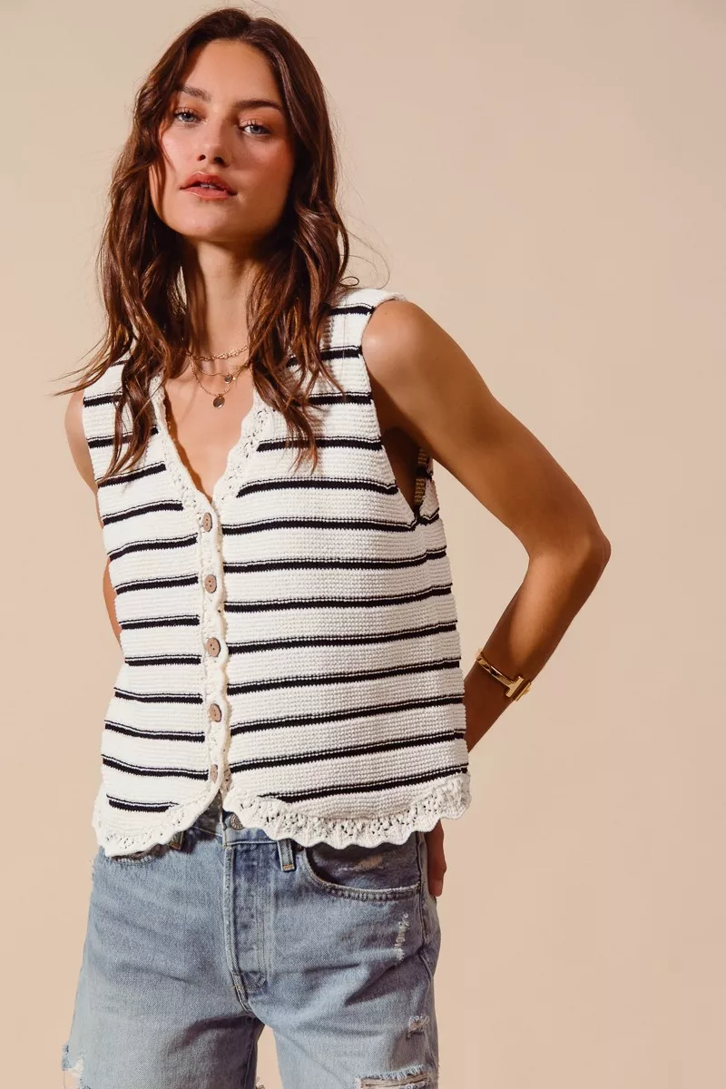 Buttoned Front Stripe Texture Knitted Sweater Vest, image 2