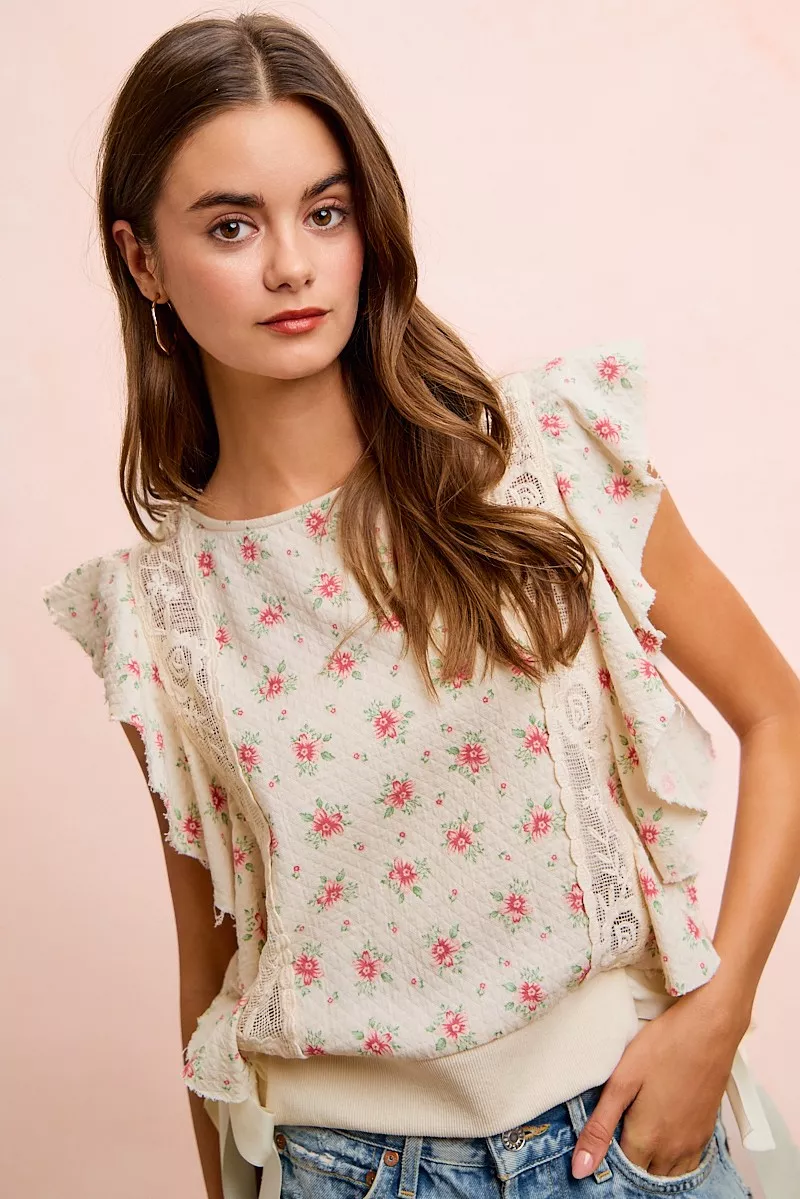 BiBi Flower Printed Ruffle Sleeve Trim Detail Top, image 47
