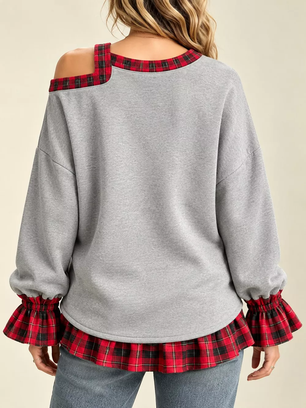 Full Size Plaid Ruffled Hem Asymmetrical Neck Sweatshirt Plus Size, image 7