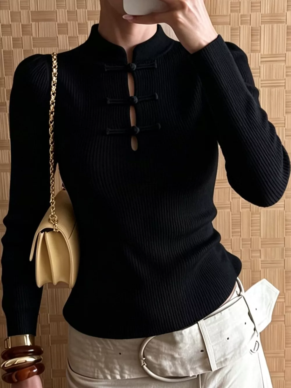 Chinese-Style Button Ribbed Knit Top, image 12