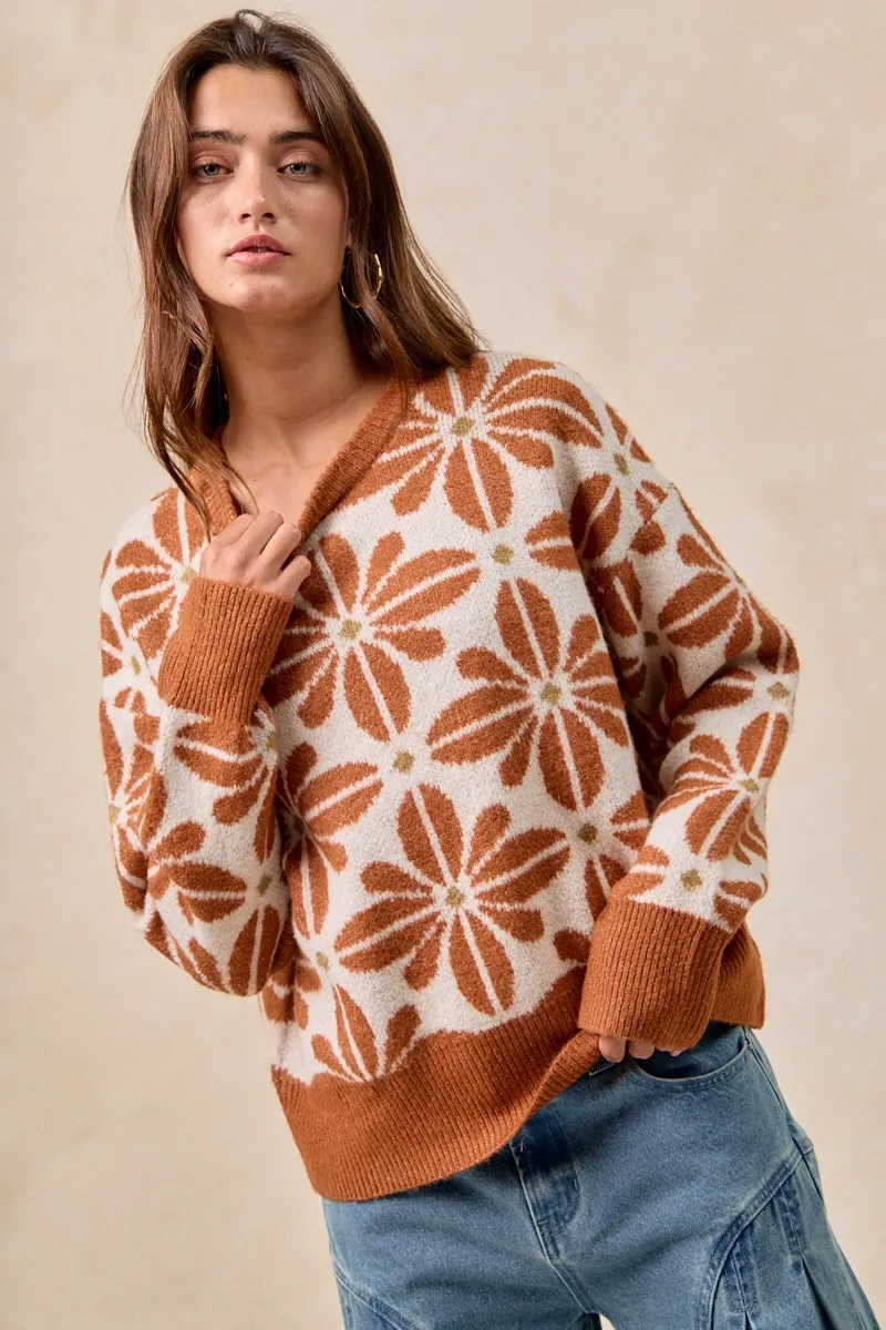 Flower Pattern Long Sleeve Sweater, image 3