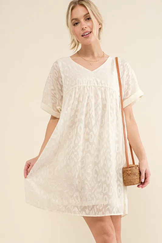 Woven Leopard Baby Doll Roll-Sleeve Casual Dress, image 2