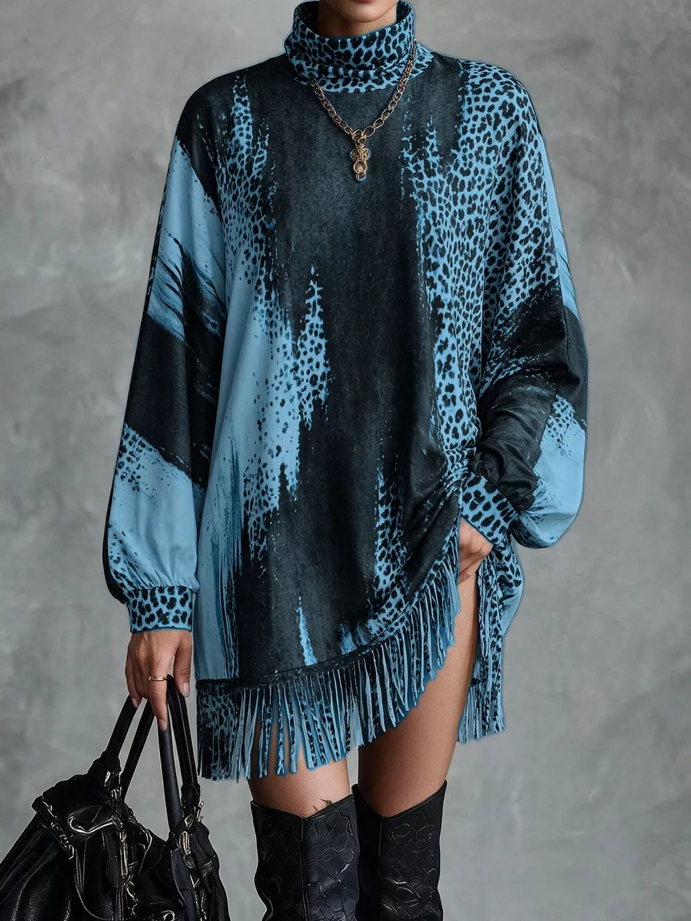Leopard Print Mock Neck Fringe Hem Mini Dress, image 12