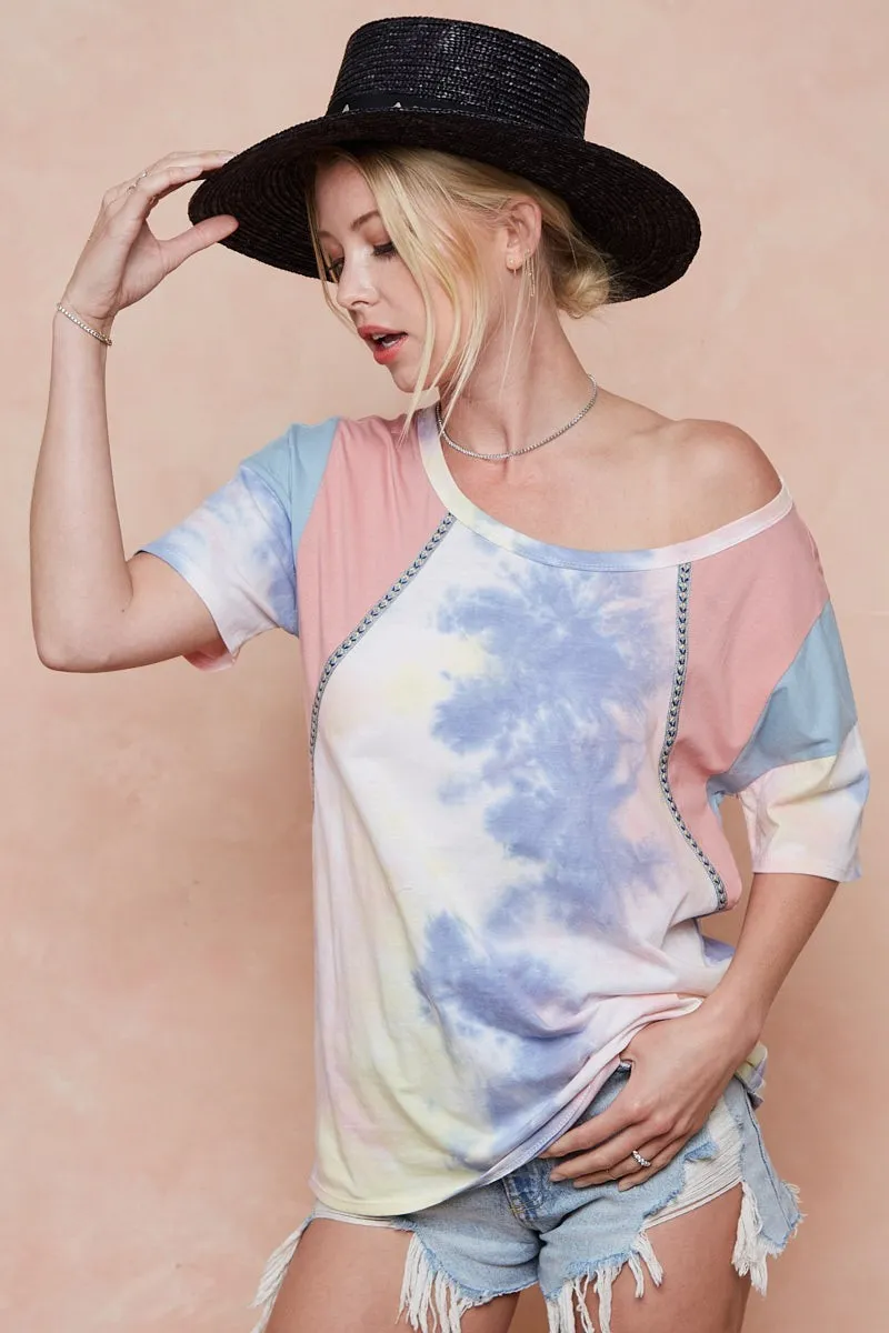 Tie Dye Printed Cotton Color Block T-Shirt, image 2