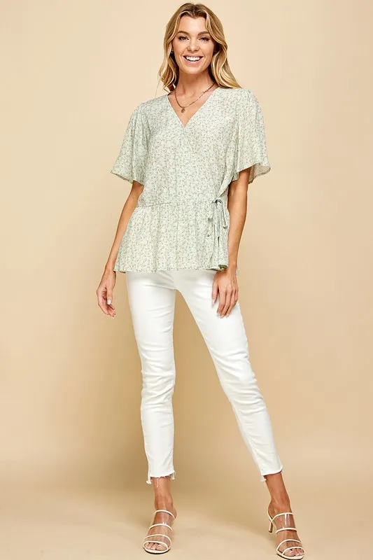 Ditsy Print V-Neck Short Sleeve Wrap Blouse, image 6