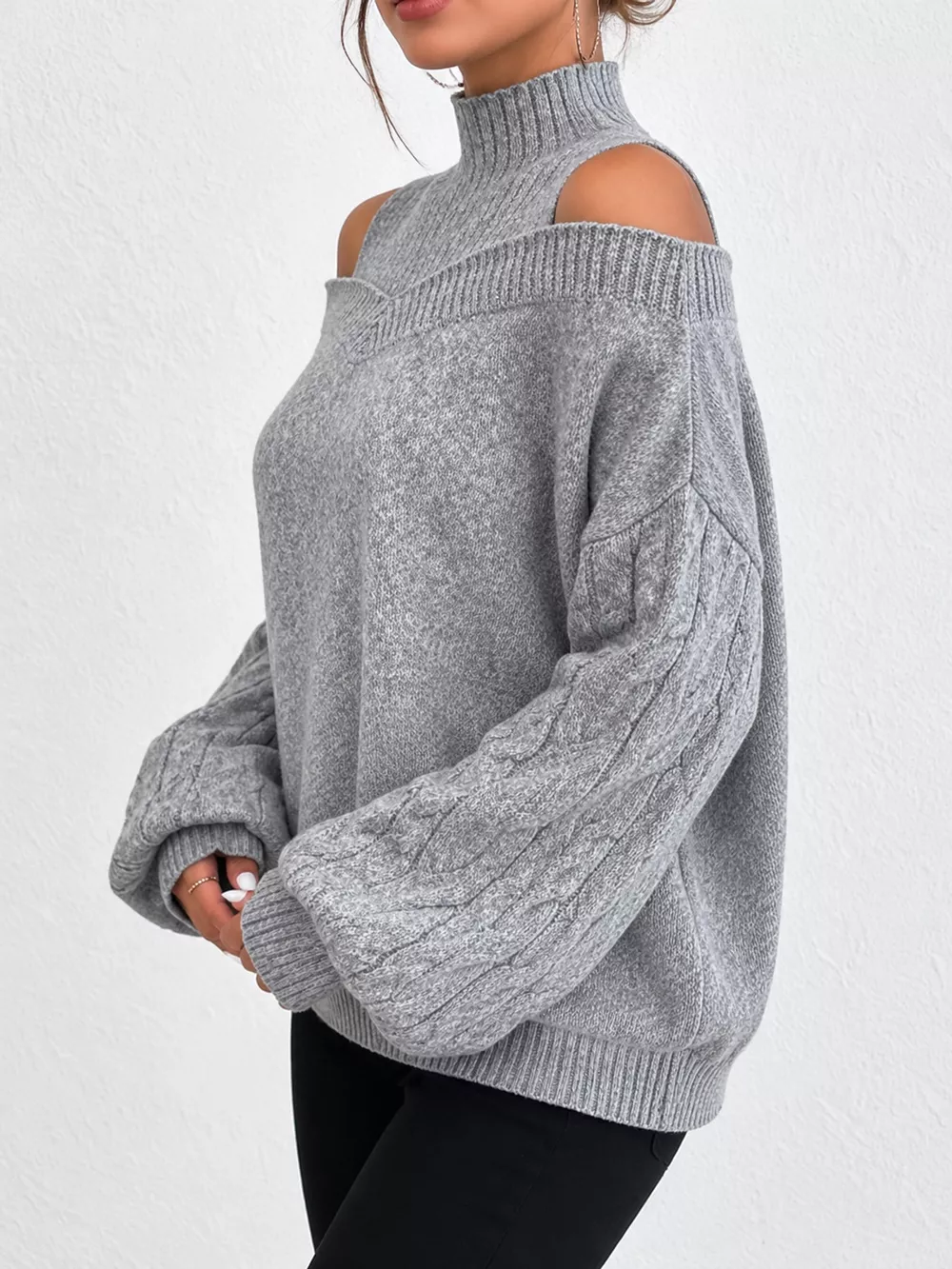 Full Size Cold Shoulder Mock Neck Cable Knit Sweater Plus Size, image 3