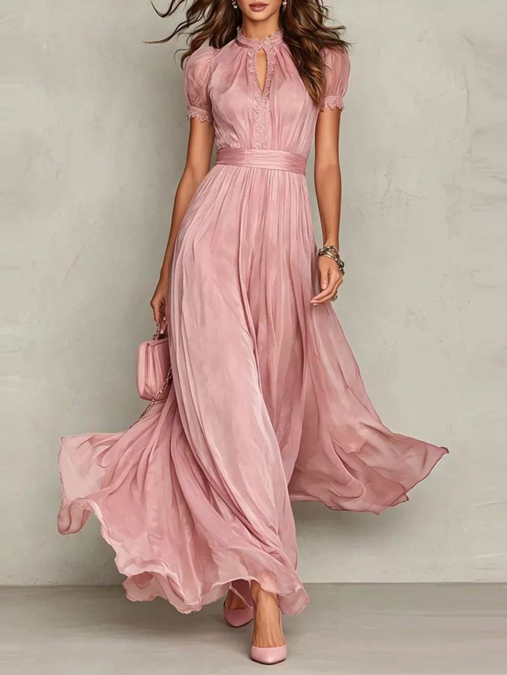 Full Size Elegant Sheer Chiffon Mock-Neck Maxi Dress with Keyhole Detail Plus Size, image 8