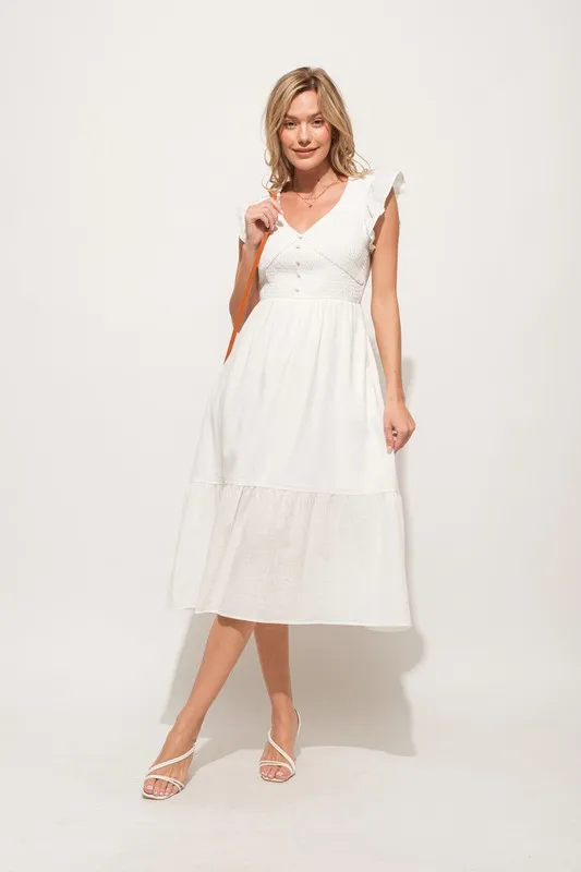Ruffle Sleeve Front Smocked Tiered Midi Dress, image 2