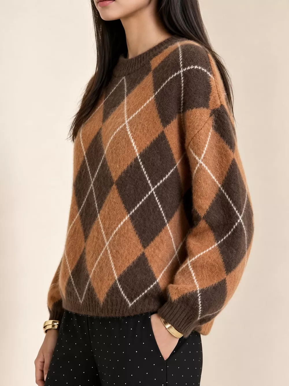 Argyle Pattern Fuzzy Knit Sweater, image 2
