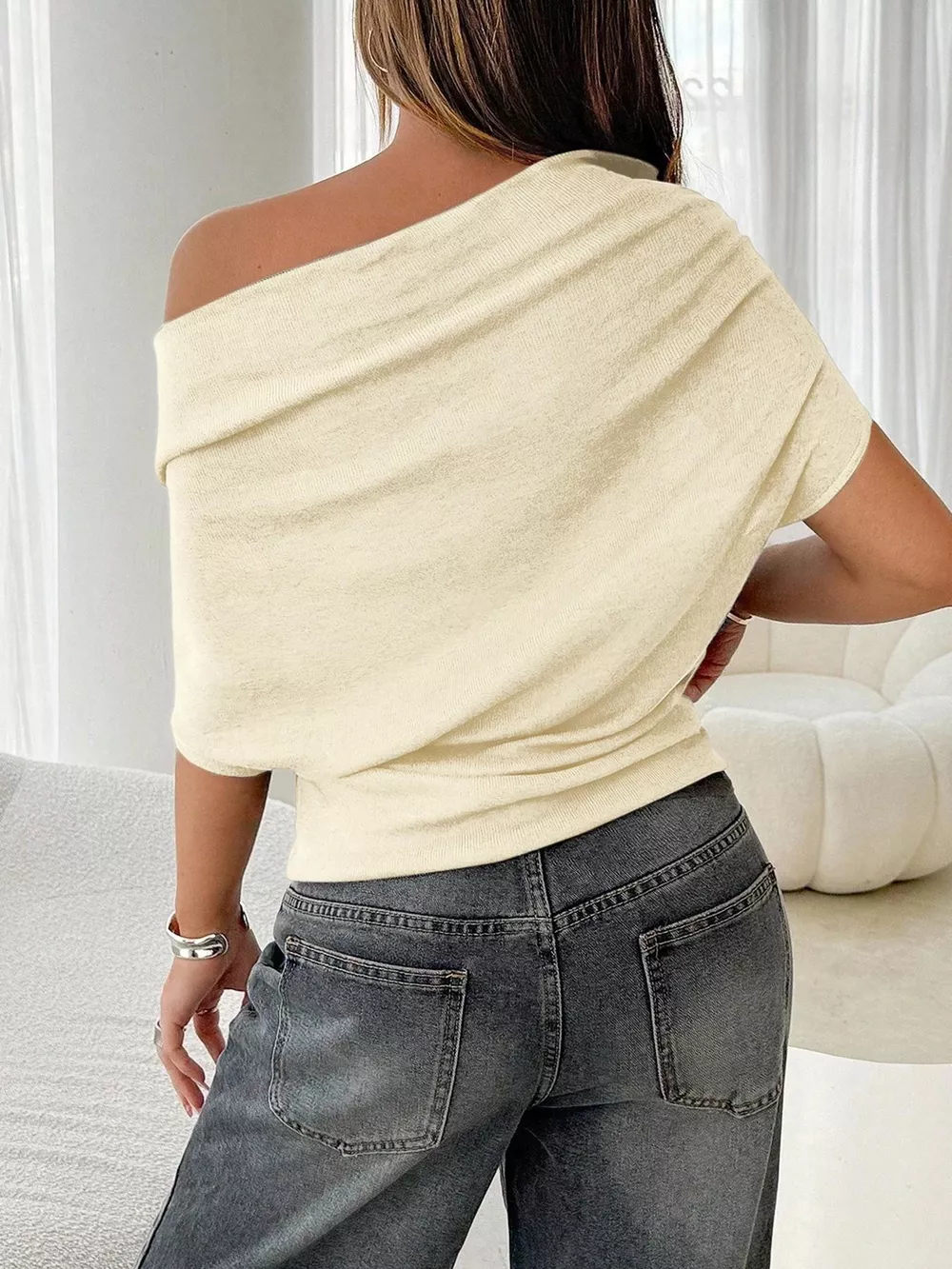 Off-Shoulder Ruched Knit T-Shirt, image 6