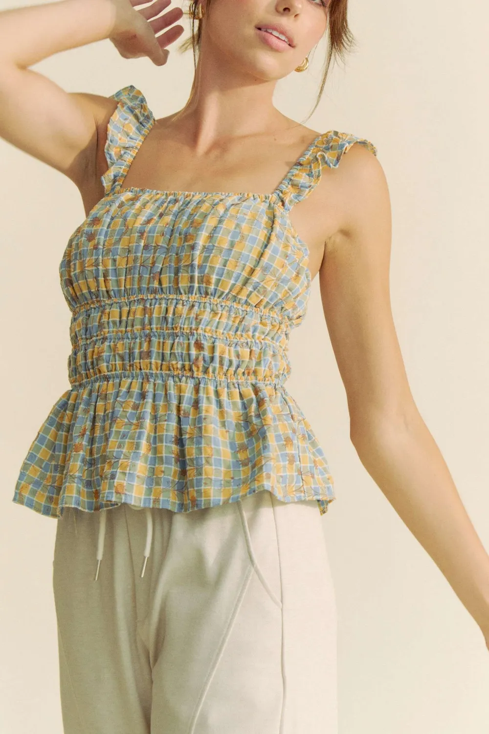 Plaid Ruffled Strap Smocked Sleeveless Top, image 2
