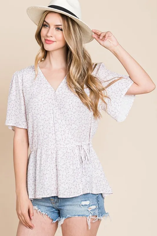 Ditsy Print V-Neck Short Sleeve Wrap Blouse, image 3