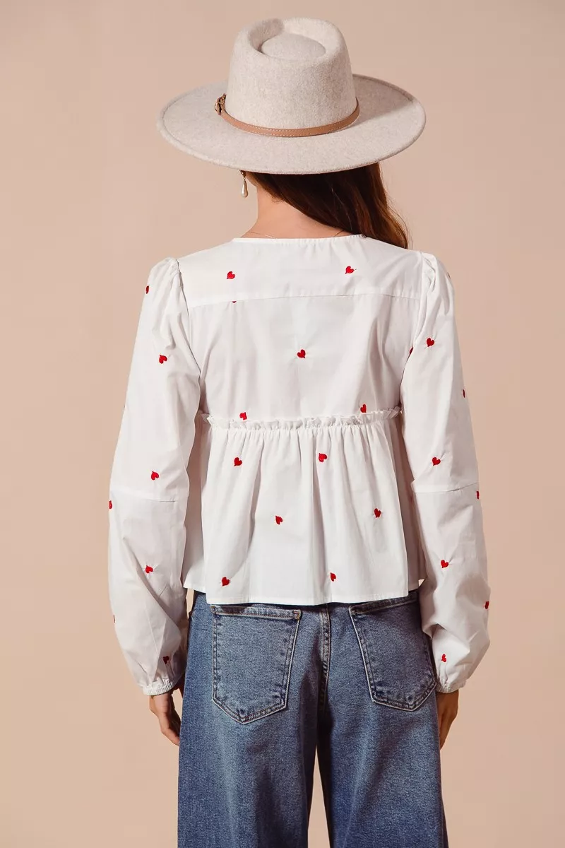Front Tie Heart Embroidered Blouse With Puff Sleeve, image 3