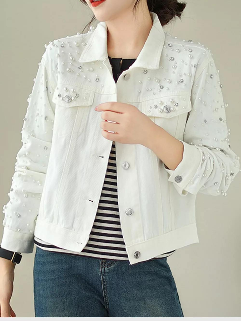 Pearl Detail Button Up Denim Jacket, image 9