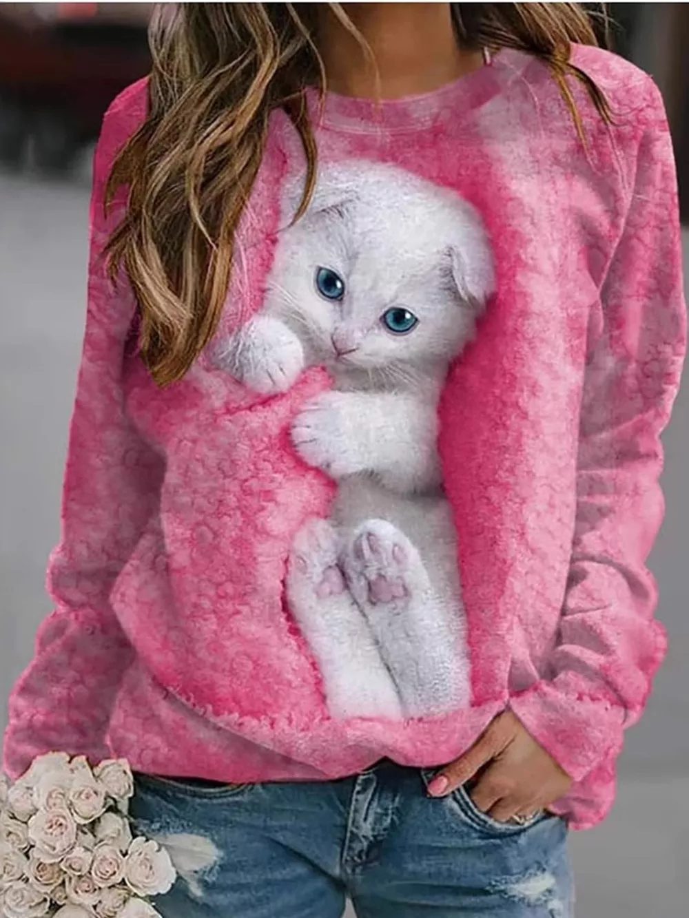 Full Size Cat Graphic Round Neck Top Plus Size, image 6