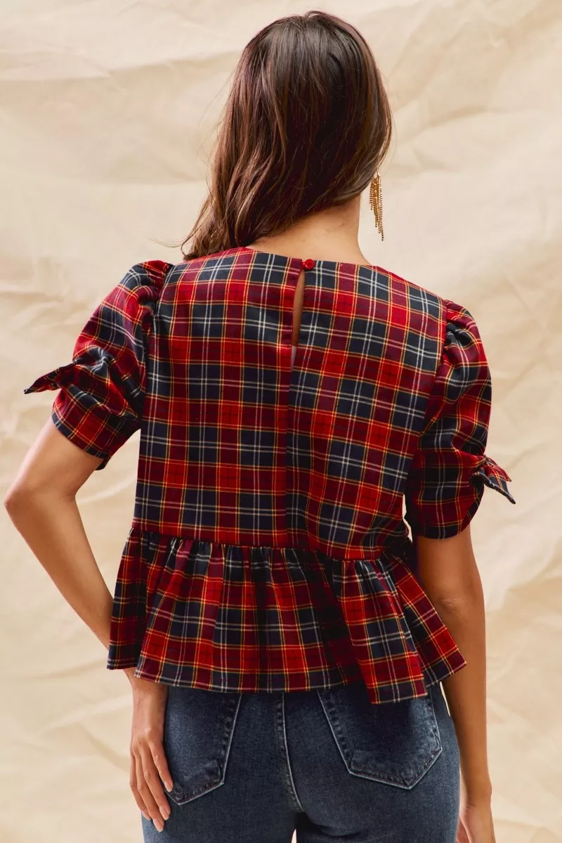 Christmas Holiday Plaid Ribbon Short Sleeves Top, image 10