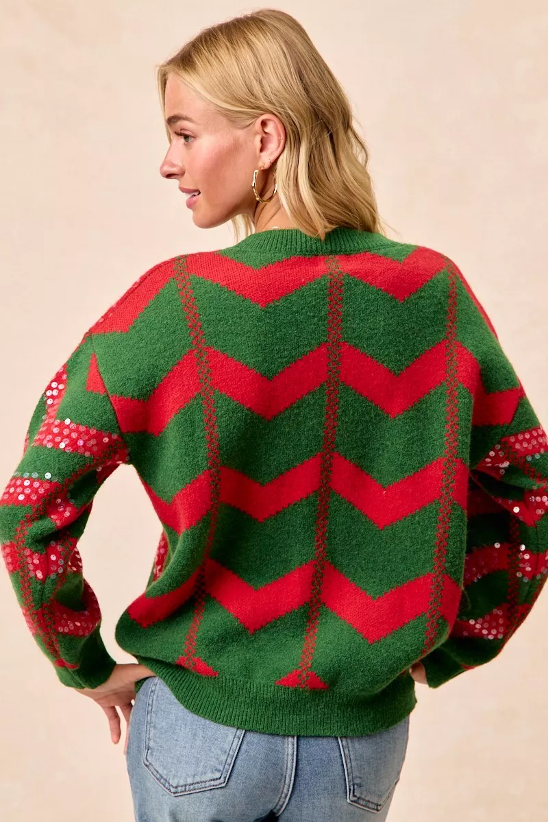 Christmas Theme Chevron Sequins Detail Sweater, image 2