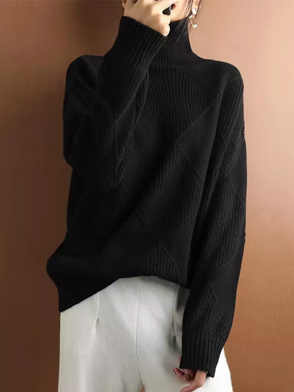 Full Size Diamond Pattern Turtleneck Sweater Plus Size, image 19