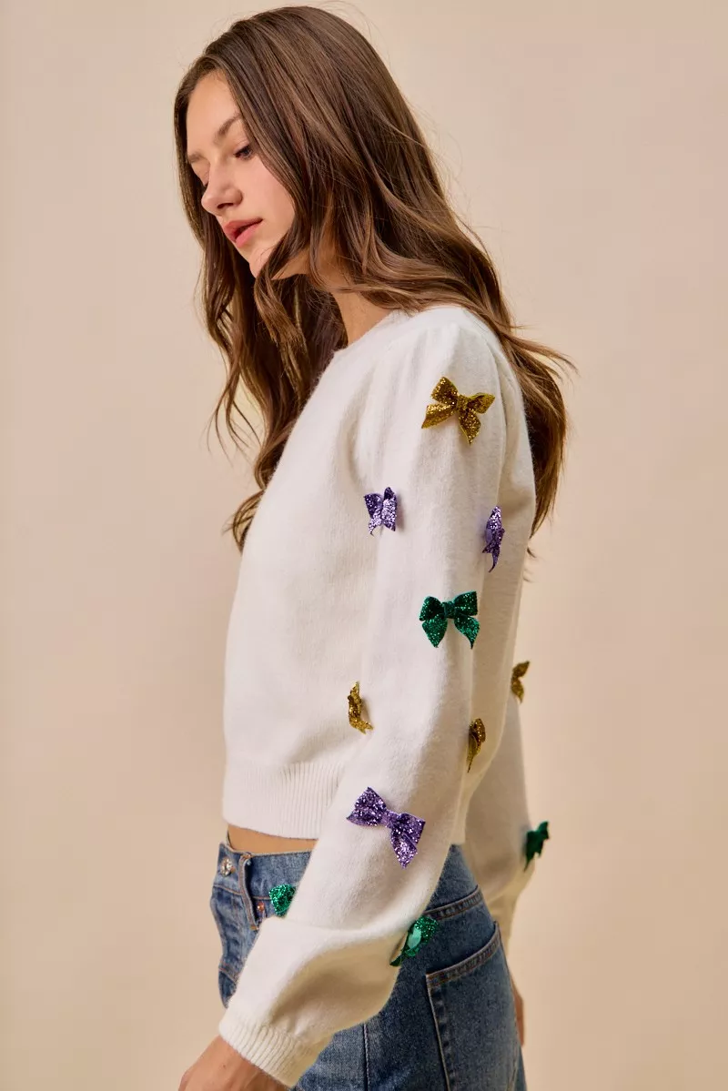 Mardi Gras Glitter Bow Ribbon Sweater Knit Top, image 22