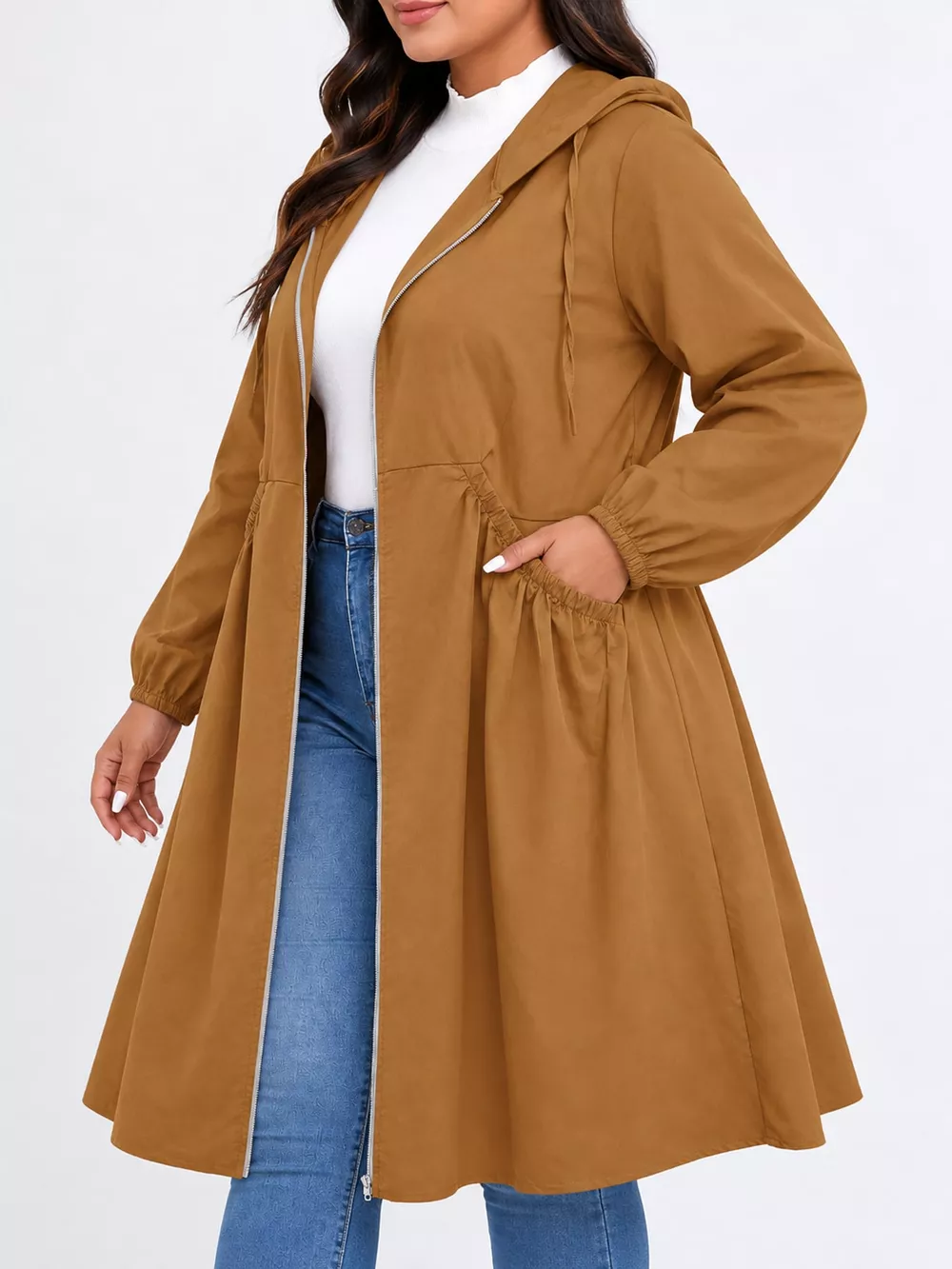 Plus Size Hooded Zip-Up Longline Windbreaker Outerwear, image 25