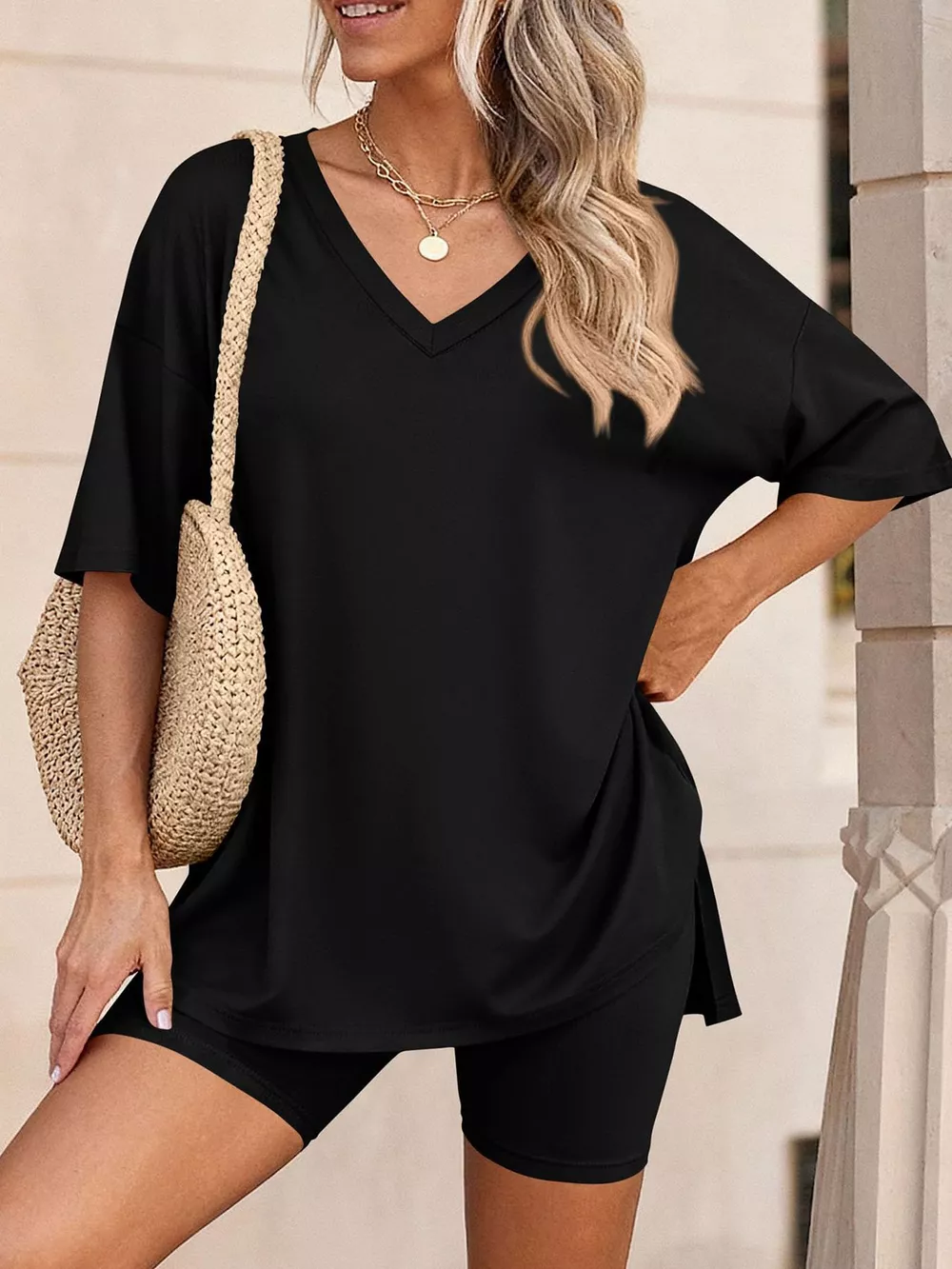 Full Size Casual Loose V-Neck T-Shirt & Shorts Set Plus Size, image 7