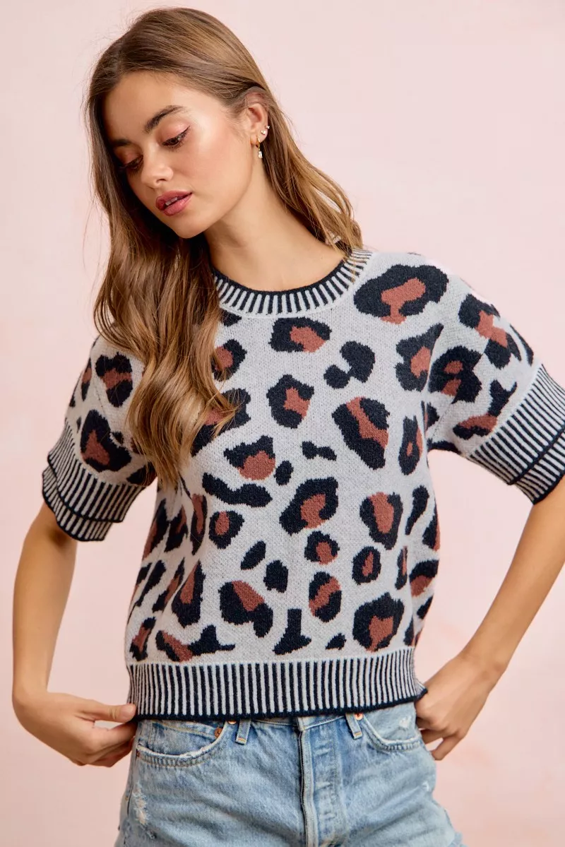 BiBi Two Tone Detail Leopard Knit Double Sleeves Top, image 10