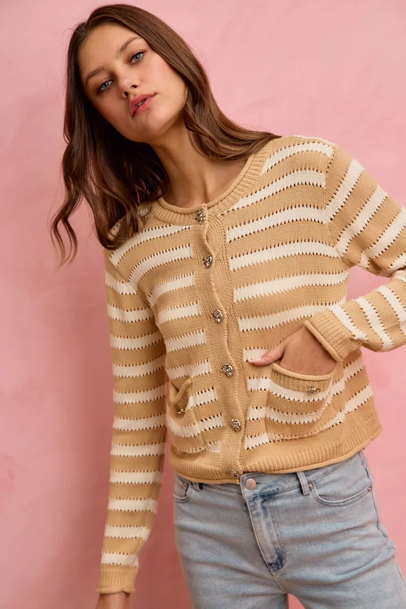 Stripe Long Sleeves Button Sweater Cardigan, image 19