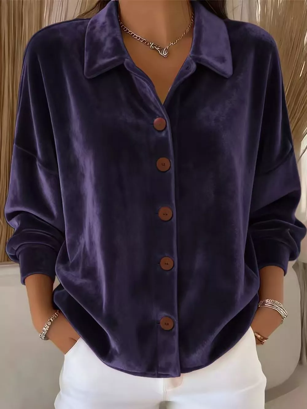 Full Size Velvet Button-Down Long Sleeve Shirt Plus Size, image 13