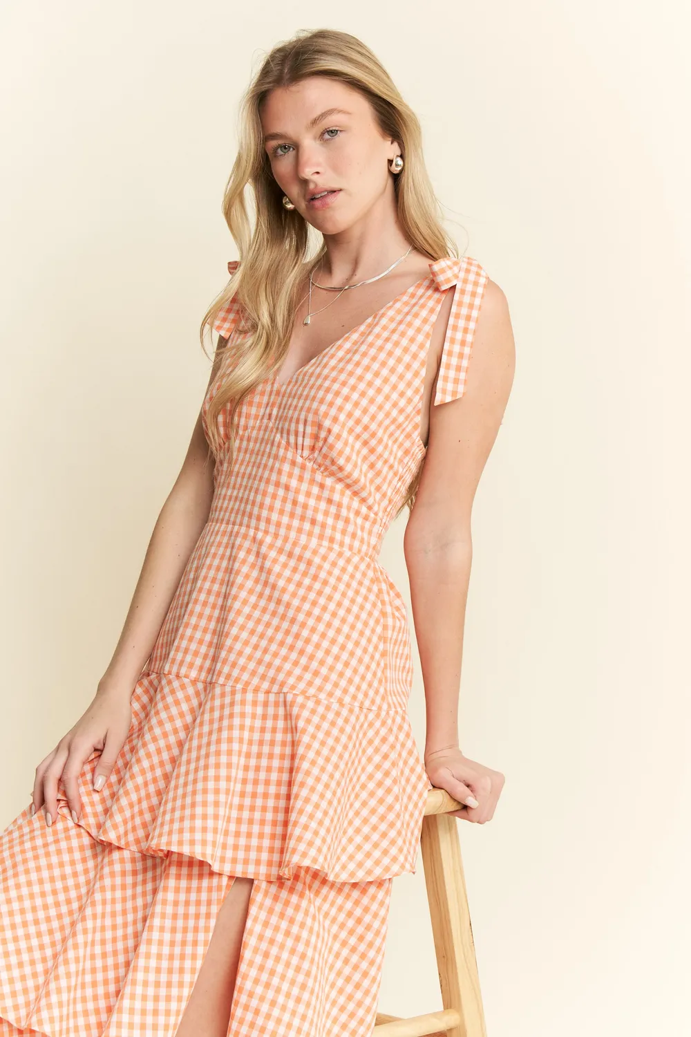 Sleeveless Gingham Print Tiered Midi Dress, image 8