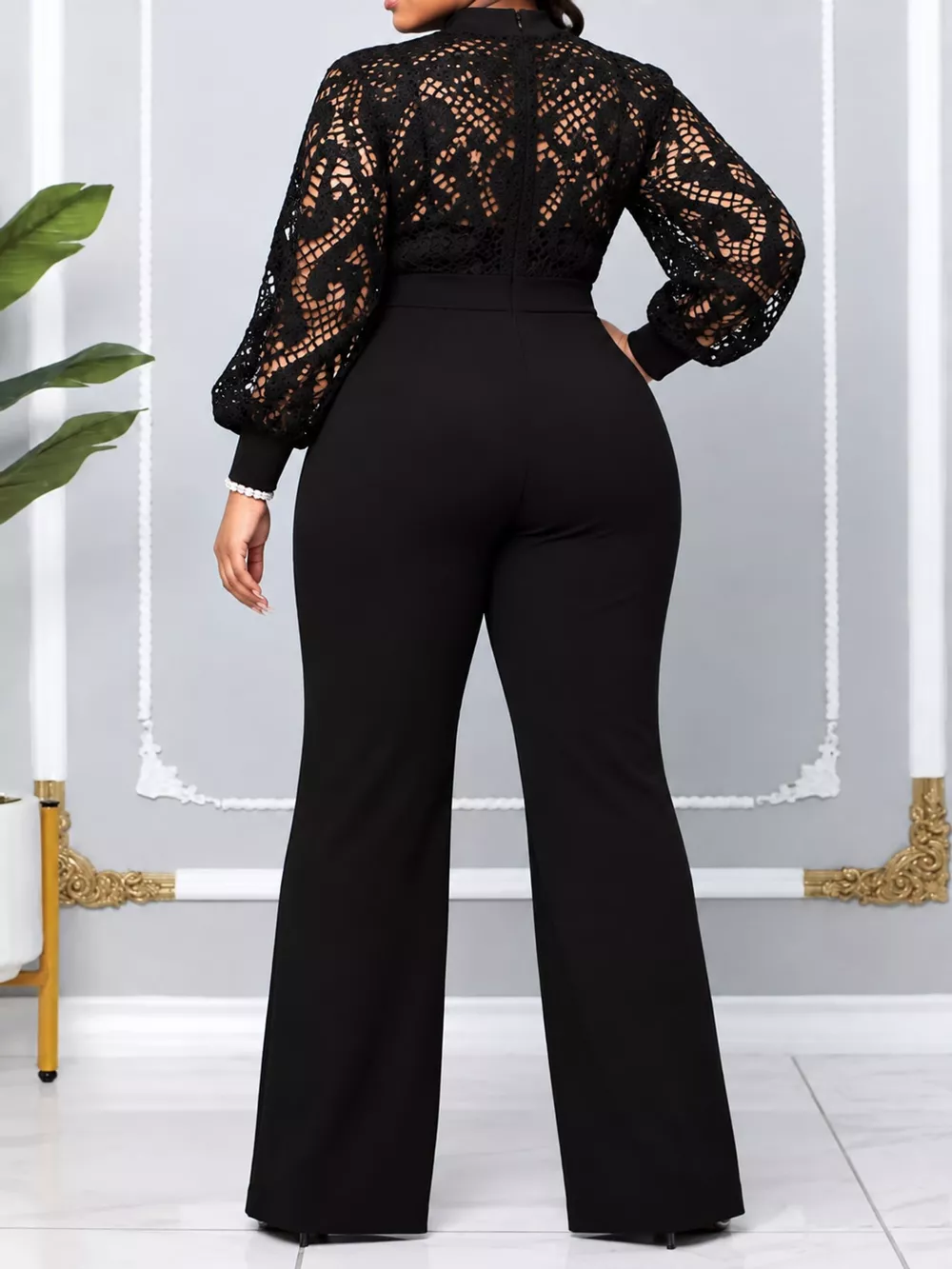 Full Size Lace Lantern Sleeve Flare Jumpsuit Plus Size, image 13