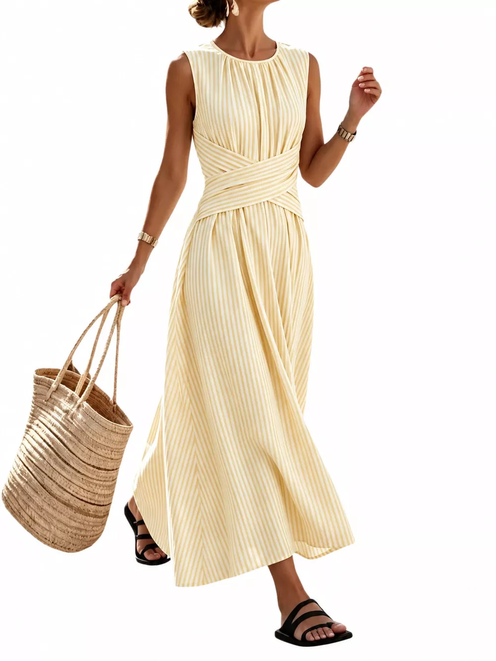 Full Size Sleeveless Striped Maxi Dress with Criss-Cross Waist Detail Plus Size, image 7
