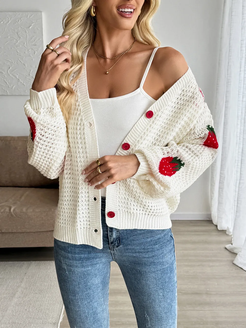 Strawberry Pattern V-Neck Button-Up Cardigan, image 4