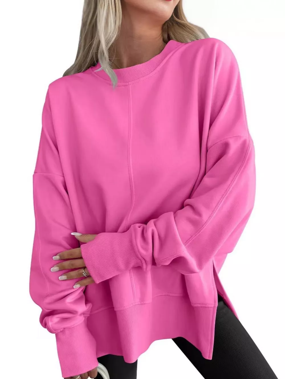 Oversized Crew Neck Sweatshirt with Side Slit, image 31